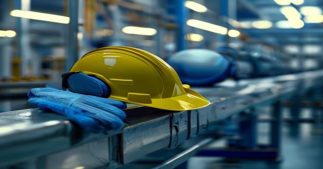 Capacete amarelo de segurança e luvas de trabalho em corrimão de fábrica — NR-15 e NR-16