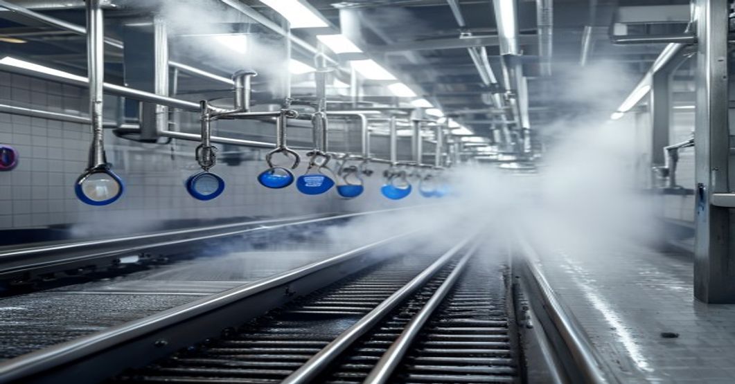 Sala de processamento industrial com trilhos de aço inox — ambiente para LTCAT
