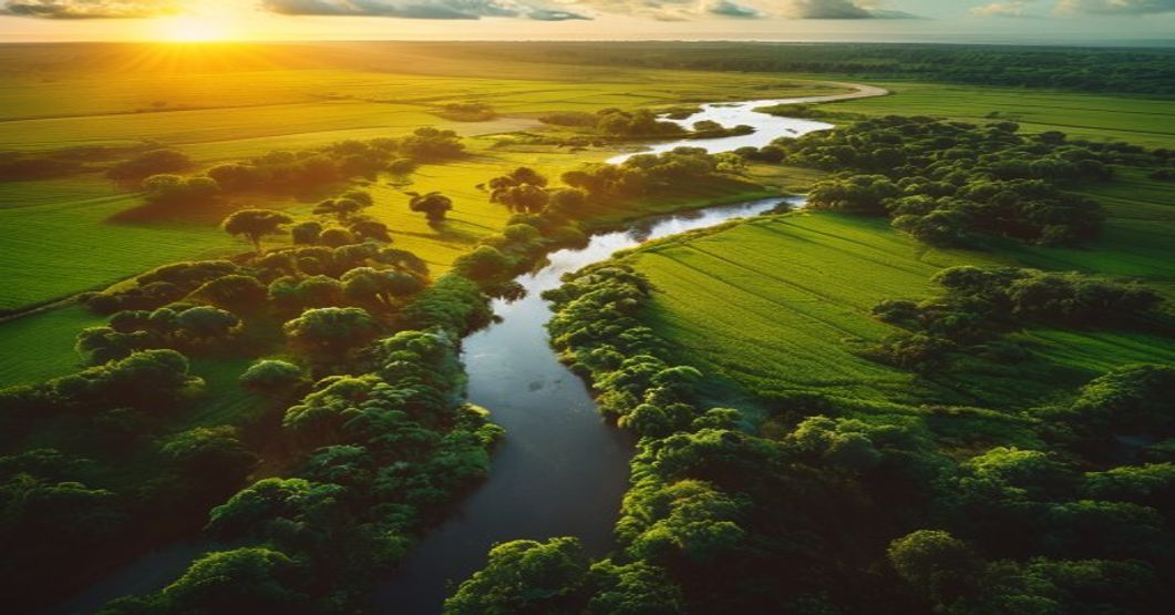 Vista aérea de fazenda no cerrado goiano com lavoura de soja e mata nativa — perícia ambiental e CAR