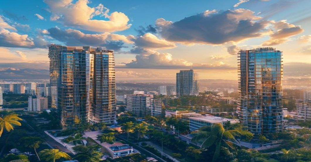 Vista aérea do centro de Goiânia ao entardecer — atendimento de perícia em engenharia civil