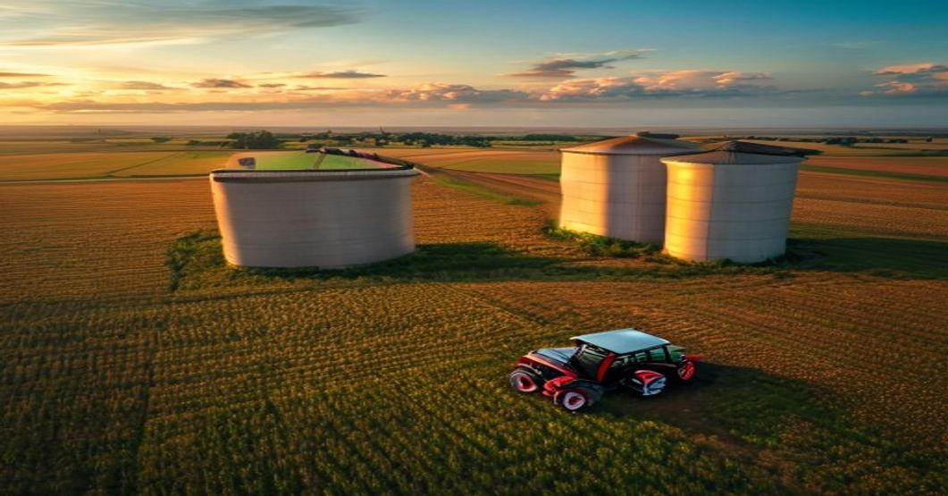 Lavoura de soja com silos em Jataí — perícia em propriedades agrícolas e indústrias